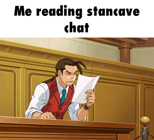 a cartoon of a man holding a piece of paper with the words me reading stancave chat below him