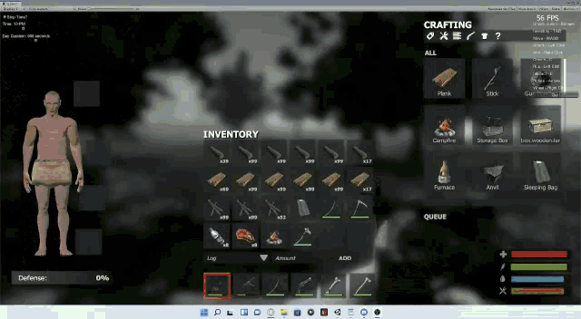 a screenshot of a video game showing the inventory and crafting screens