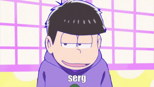 a cartoon character wearing a purple hoodie with the word serg on it