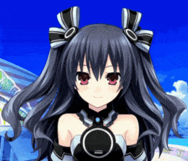 a girl with black hair and red eyes is wearing a black and white outfit