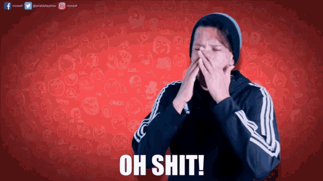 a man covering his face with his hands with the words oh shit written on the bottom