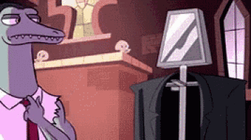 a cartoon of a crocodile in a suit and tie adjusting his tie .
