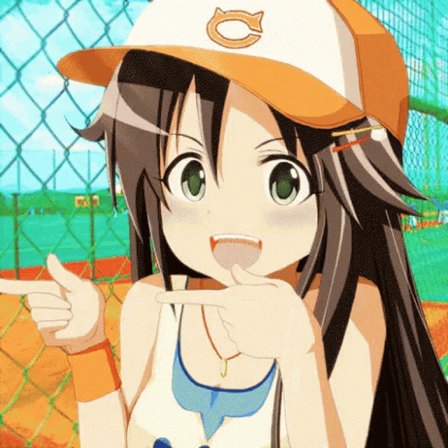 a girl wearing a baseball cap with a cat on it