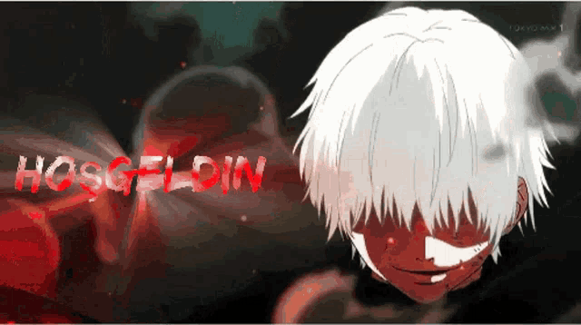 a cartoon character with white hair and the word hosgeldin in red