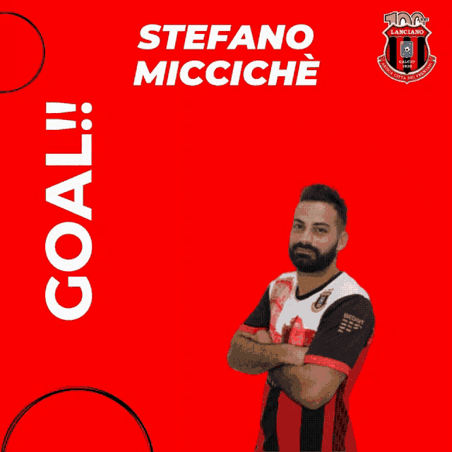 a man with his arms crossed stands in front of a red background that says stefano micciche