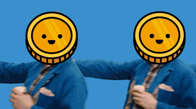 two men wearing suits and ties with smiley faces on their heads