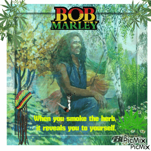 a poster of bob marley smoking a marijuana leaf