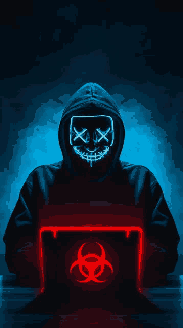 a man wearing a neon mask is using a laptop