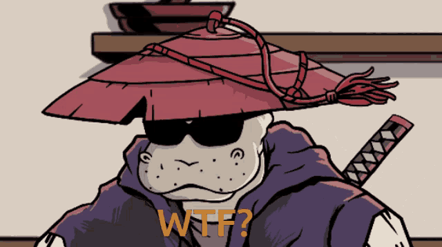 a cartoon character wearing a red hat and sunglasses has the word wtf on the bottom