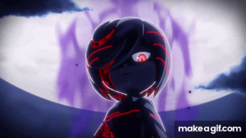 a cartoon character with a red eye and a make a gif.com link