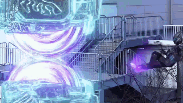 a man is flying through the air in front of a staircase with a purple light coming out of it .