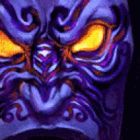 a close up of a purple and orange mask with yellow eyes