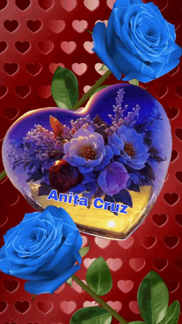 a heart shaped container with blue roses and the name anita cruz on it