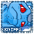 a pixel art drawing of a blue monster with a red nose and mouth .
