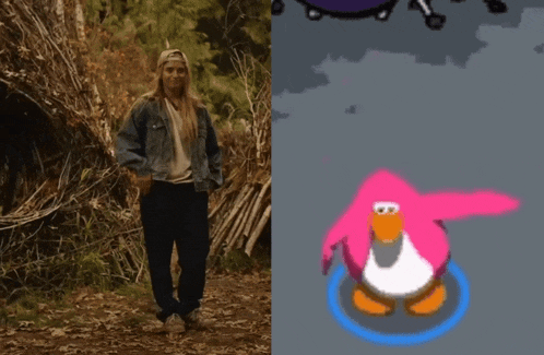 a woman in a denim jacket stands next to a pink penguin in a video game