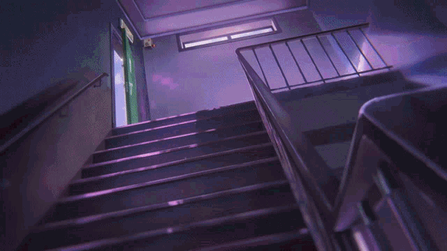 a staircase with a purple door and a light shining through it