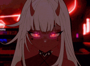 a girl with horns and red eyes has a cross tattoo on her face