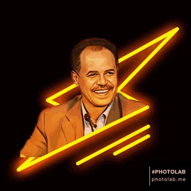 a photo of a smiling man with a lightning bolt behind him