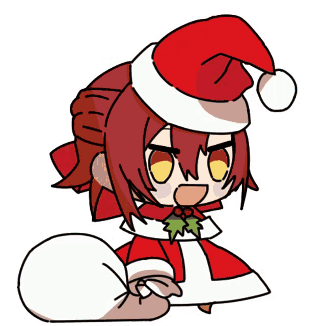 a cartoon character wearing a santa hat and holding a bag of presents .