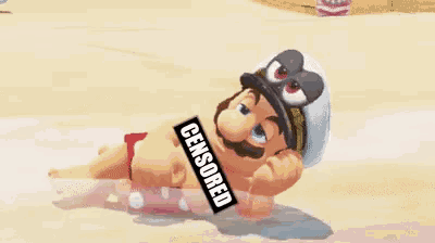 a cartoon character is laying on the beach with a censored sign around his neck .