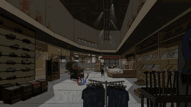 a cartoon drawing of a store with shirts hanging on racks and a man standing in the middle