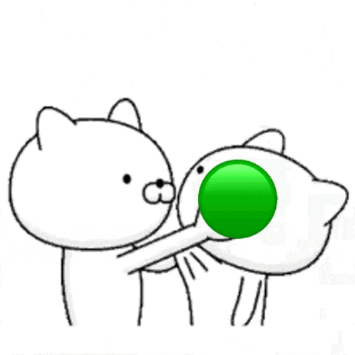 a cartoon of two white cats with a green balloon in their eyes