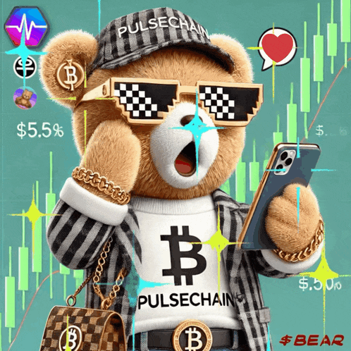 a teddy bear wearing sunglasses and a pulsechain shirt is holding a cell phone