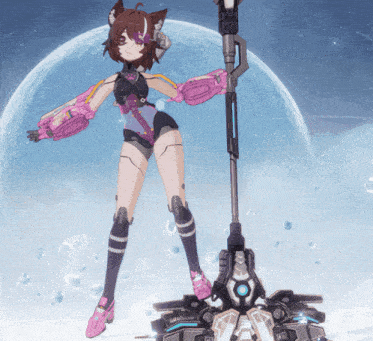 a girl with a cat ear is standing next to a robotic object