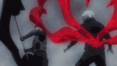 a man with a sword is standing next to another man with red wings