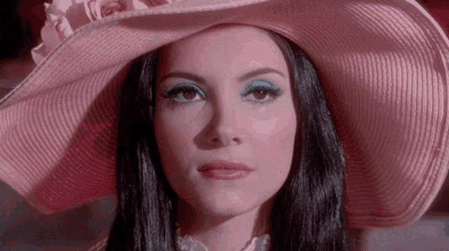 a woman wearing a pink hat and blue eyeshadow looks at the camera