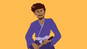 a cartoon drawing of a man with a beard and mustache holding a sword