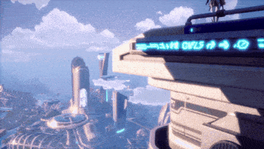 a futuristic city with a blue sign that says cvls