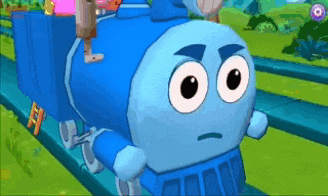 a blue cartoon train with big eyes and a sad face