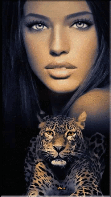 a picture of a woman and a leopard with the name vica on the bottom right