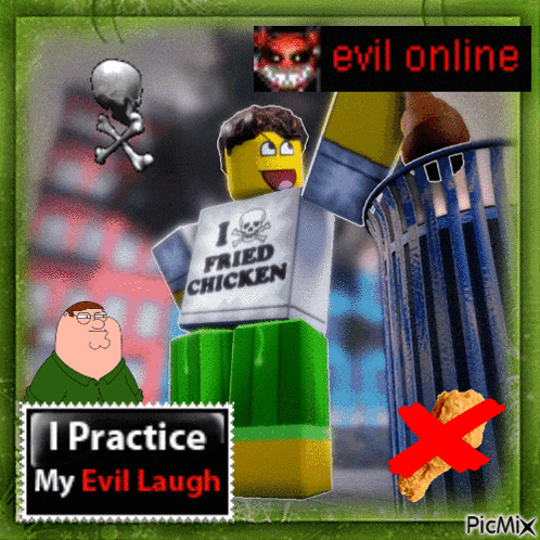 a picture of a lego character with a shirt that says fried chicken