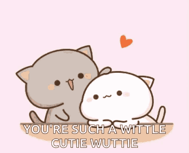 a cartoon of two cats hugging each other with the words `` you 're such a wattle cutie wuttie '' .