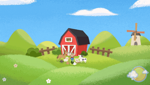 a cartoon illustration of a farm with a barn and a windmill