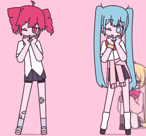 a girl with red hair and a blue haired girl are standing next to each other