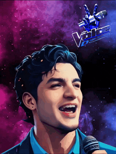 a young man singing into a microphone with the word voice behind him