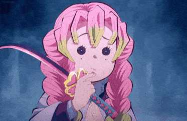 a girl with pink hair is holding a sword and making a face .