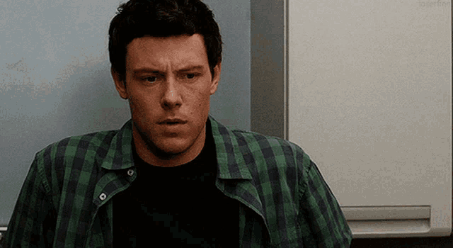 a man in a plaid shirt is standing in front of a wall