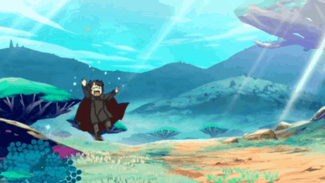 a cartoon drawing of a man in a cape in a landscape