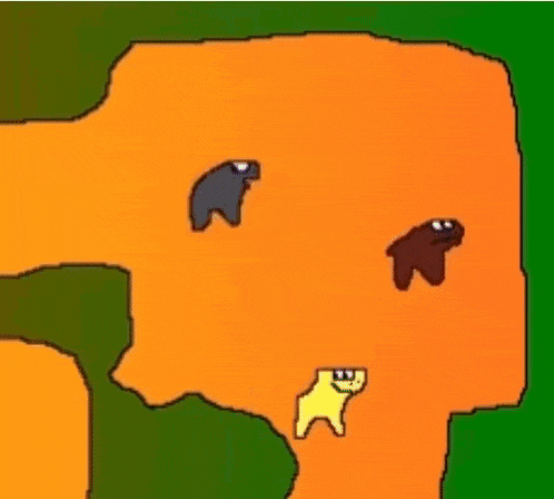 a group of cartoon characters are standing next to each other on a yellow and orange background .