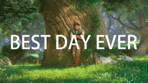 a man leaning against a tree with the words " best day ever " below him