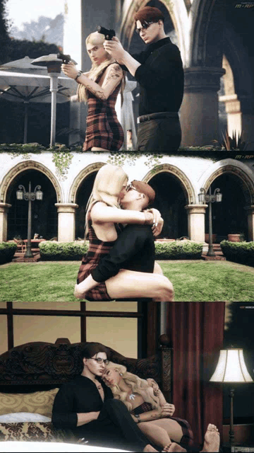 a collage of images shows a man and a woman kissing and a man holding a gun