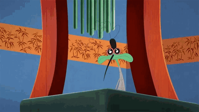 a green cartoon character with a mustache is smiling in front of a blue wall