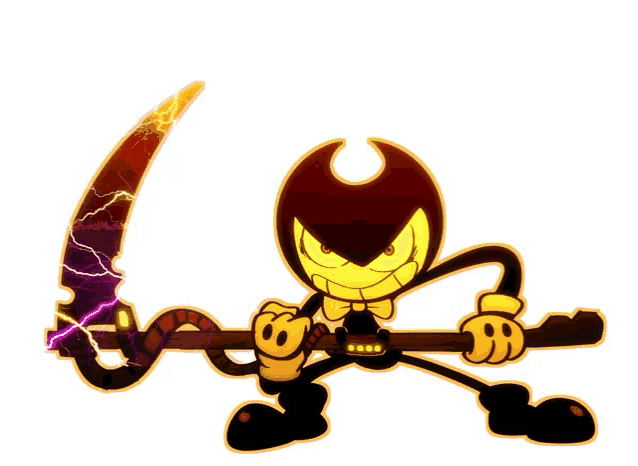 a cartoon character is holding a scythe with lightning coming from it