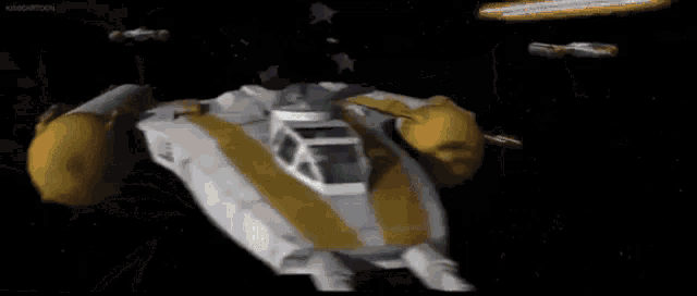a yellow and white space ship is flying through space in a video game .