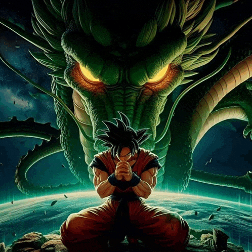 a painting of a man kneeling in front of a green dragon