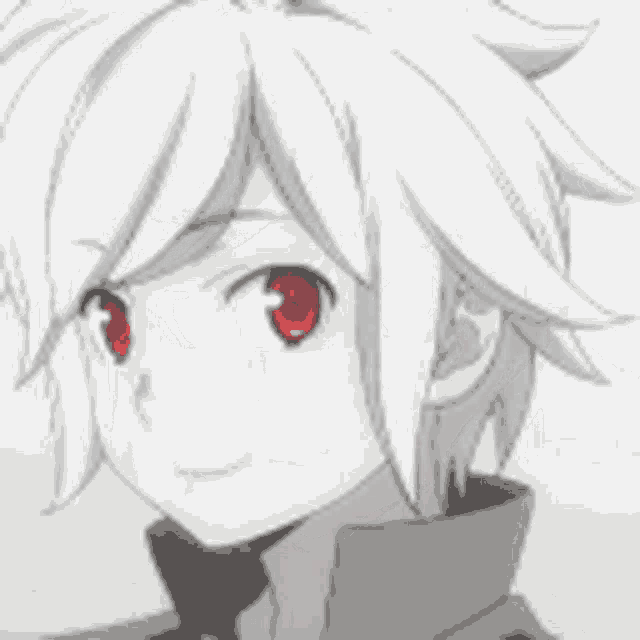 a black and white drawing of a boy with red eyes and white hair .